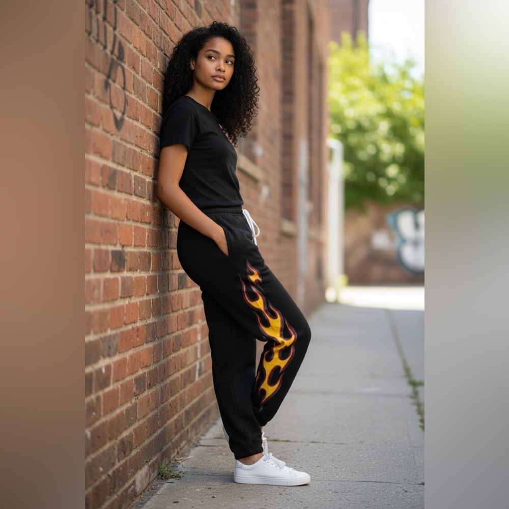 Forever 21 Black Joggers with Orange Flame Design